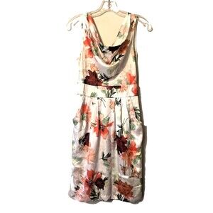 H & M Dress Sz 6 Floral White Orange Burgundy Sleeveless Silky Fit & Flare Fall